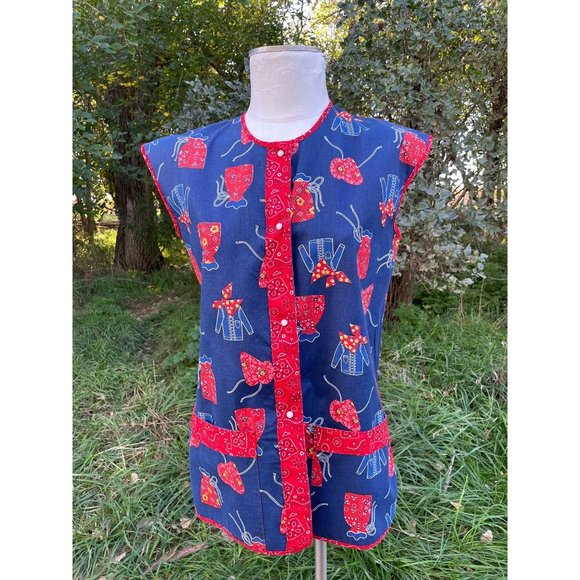 Vintage Full Smock Apron Hippy Bandana Print Red Blue - Picture 1 of 11